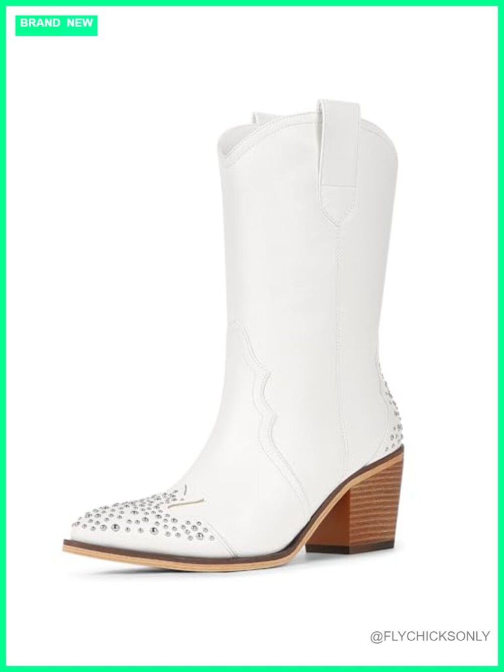 Studded Mid Calf Cowboy Boots Faux Leather Pointed Toe Women Western